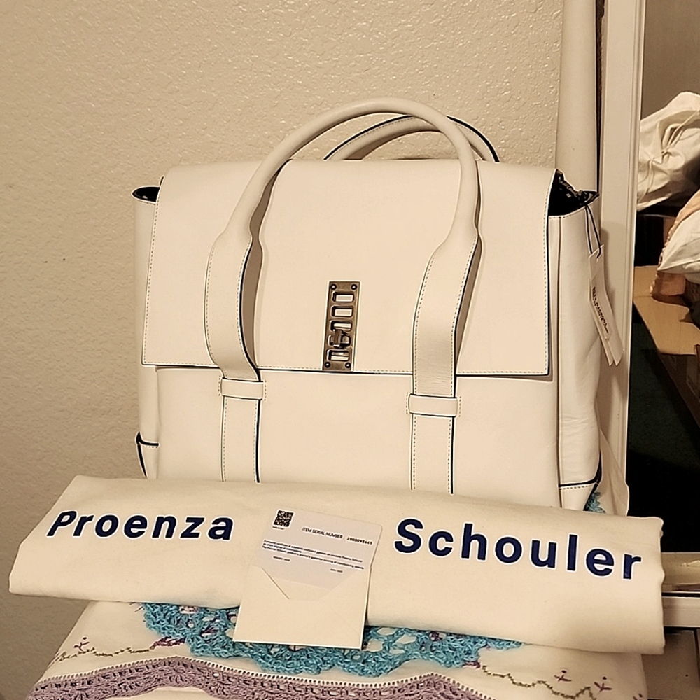 Proenza Schouler lg "Elliot" shoulder/satchel handbag, white leather 16"x7"x10"